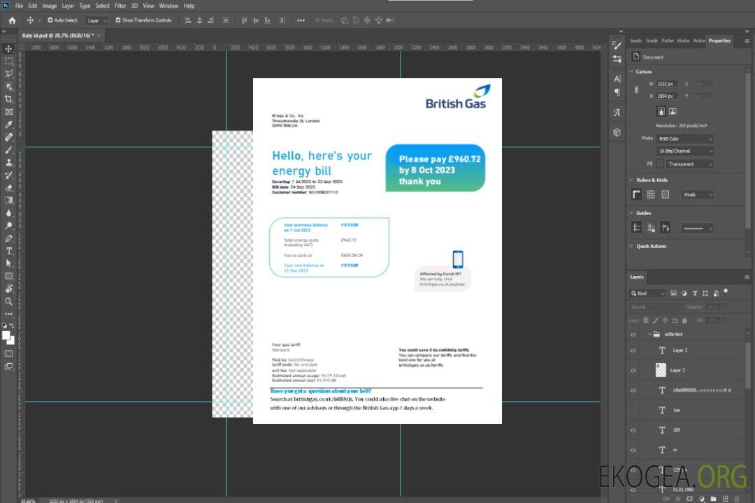 Facture commerciale du service public de British Gas Energy SCR page 1 template